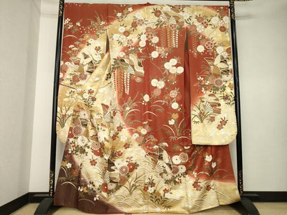 平和屋着物●豪華振袖　駒刺繍　扇面花蝶文　暈し染め　金彩　金通し地　正絹　逸品　AABK6240ck
