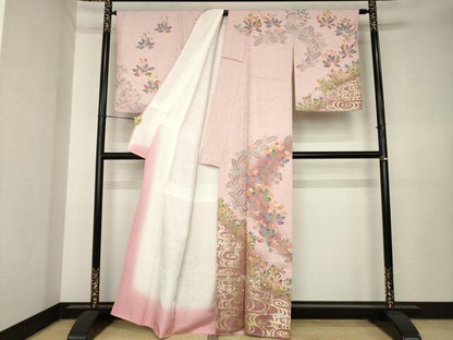 平和屋着物●訪問着　流水草花文　暈し染め　金彩　正絹　逸品　AABK6244ck