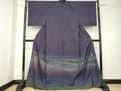 平和屋着物●伝統工芸士　曽根武勇 　色留訪問着　紬地　遠山霞文　ロング丈　正絹　逸品　AABK6257ck