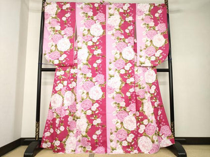 平和屋着物●小振袖　二尺袖　草花文　金彩　洗える着物　AABK6258ck