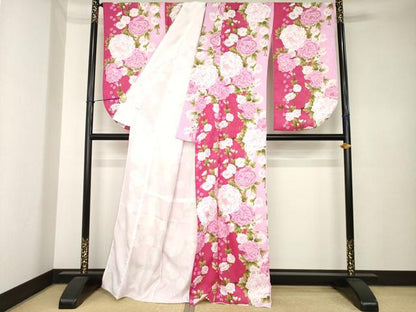 平和屋着物●小振袖　二尺袖　草花文　金彩　洗える着物　AABK6258ck