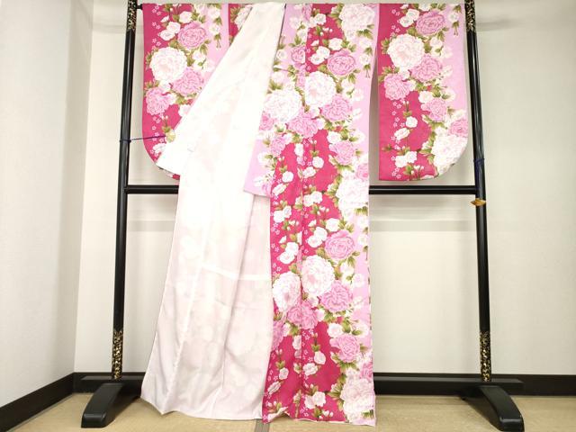 平和屋着物●小振袖　二尺袖　草花文　金彩　洗える着物　AABK6258ck