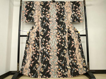 平和屋着物●上質な小紋　枝梅　黒地　金彩　正絹　逸品　AABK6274ck