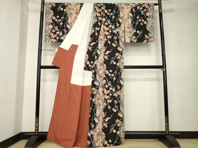 平和屋着物●上質な小紋　枝梅　黒地　金彩　正絹　逸品　AABK6274ck