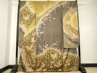 平和屋着物●豪華振袖　駒刺繍　花蝶文　暈し染め　金彩　正絹　逸品　AABK6276ck