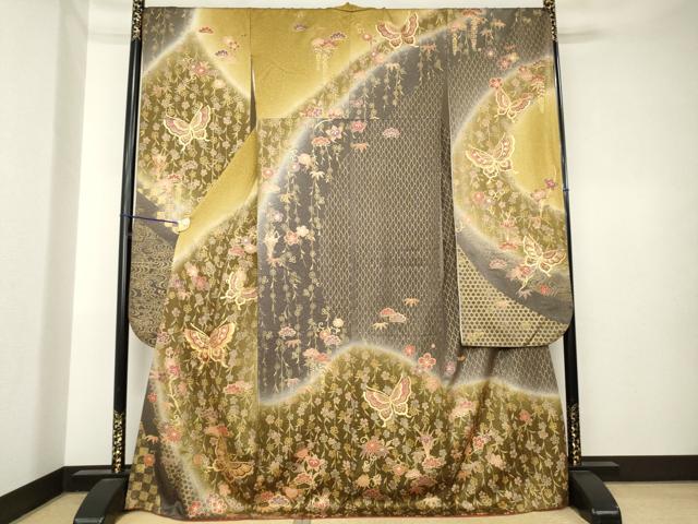 平和屋着物●豪華振袖　駒刺繍　花蝶文　暈し染め　金彩　正絹　逸品　AABK6276ck