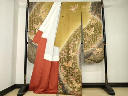 平和屋着物●豪華振袖　駒刺繍　花蝶文　暈し染め　金彩　正絹　逸品　AABK6276ck