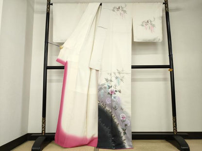 平和屋着物●訪問着　手描き　花蝶文　暈し染め　金銀彩　正絹　逸品　未使用　AABK6281ck