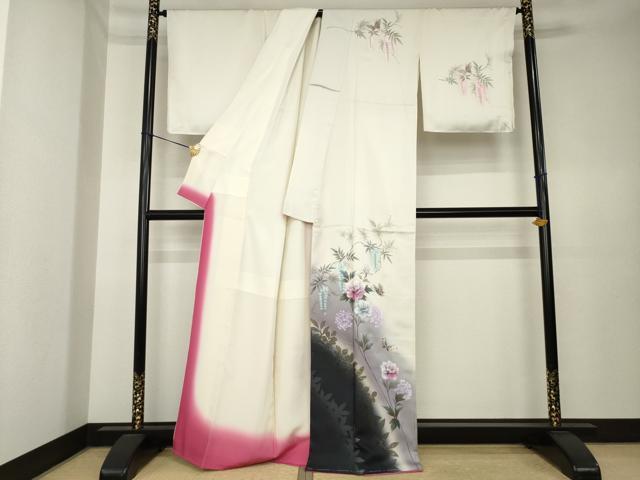 平和屋着物●訪問着　手描き　花蝶文　暈し染め　金銀彩　正絹　逸品　未使用　AABK6281ck