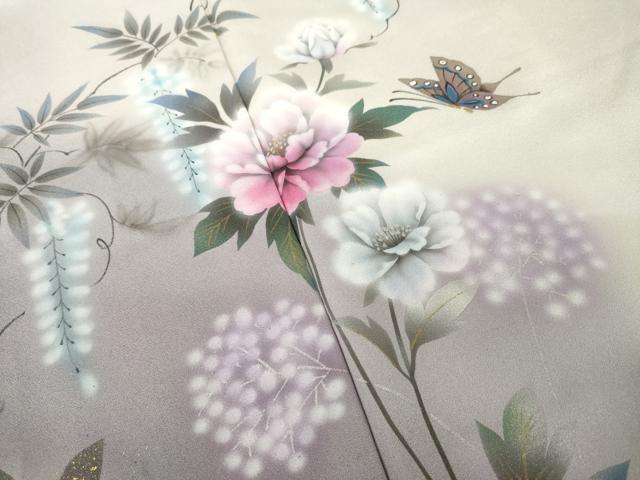 平和屋着物●訪問着　手描き　花蝶文　暈し染め　金銀彩　正絹　逸品　未使用　AABK6281ck