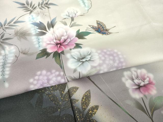 平和屋着物●訪問着　手描き　花蝶文　暈し染め　金銀彩　正絹　逸品　未使用　AABK6281ck