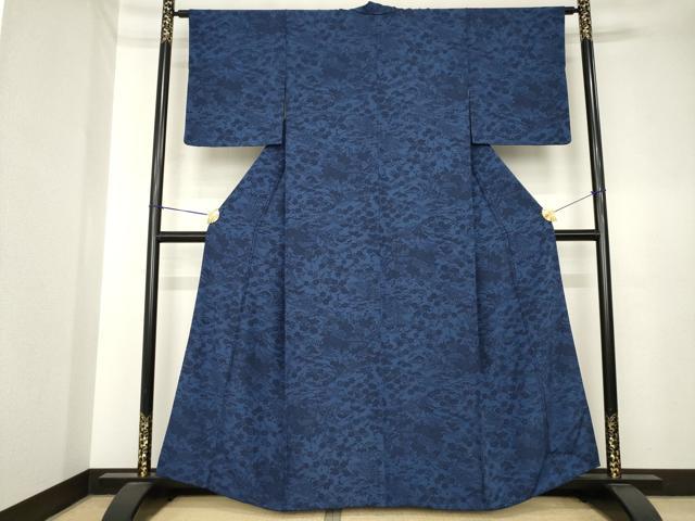 平和屋着物●上質な小紋　藍　型染め　流水花文　正絹　逸品　AABK6289ck