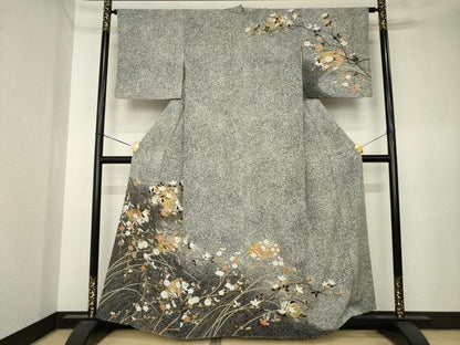 平和屋着物●訪問着　地紙花文　たたき染め　黒地　金彩　正絹　逸品　AABK6292ck