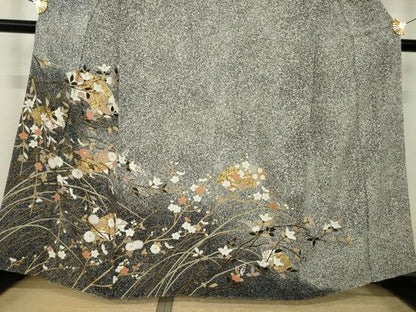 平和屋着物●訪問着　地紙花文　たたき染め　黒地　金彩　正絹　逸品　AABK6292ck