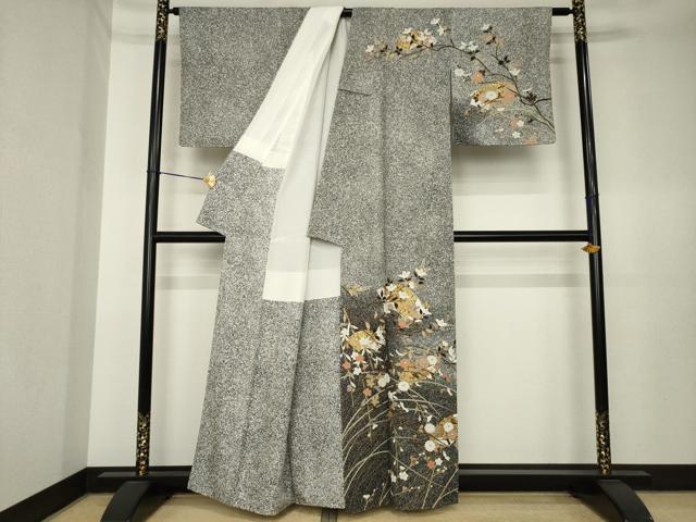 平和屋着物●訪問着　地紙花文　たたき染め　黒地　金彩　正絹　逸品　AABK6292ck