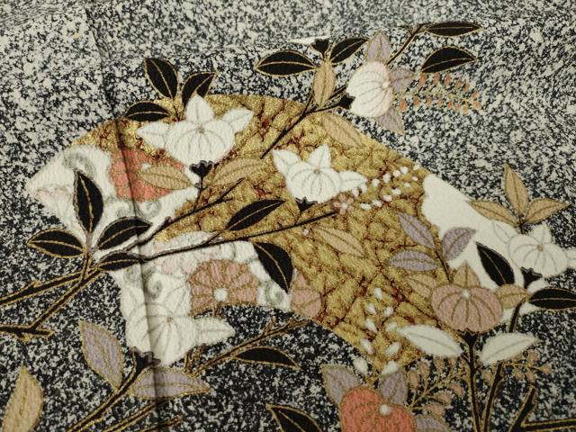平和屋着物●訪問着　地紙花文　たたき染め　黒地　金彩　正絹　逸品　AABK6292ck