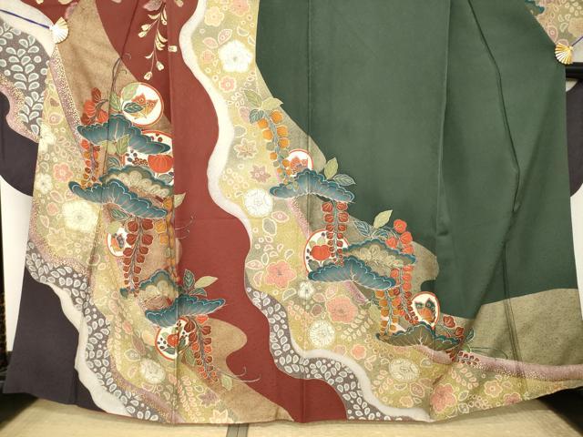 平和屋着物●豪華振袖　吉祥花蝶丸文　松　金彩　正絹　逸品　AABK6297ck
