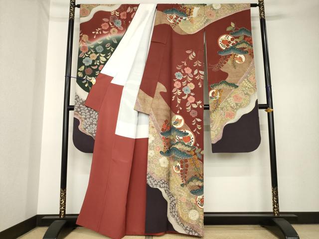 平和屋着物●豪華振袖　吉祥花蝶丸文　松　金彩　正絹　逸品　AABK6297ck