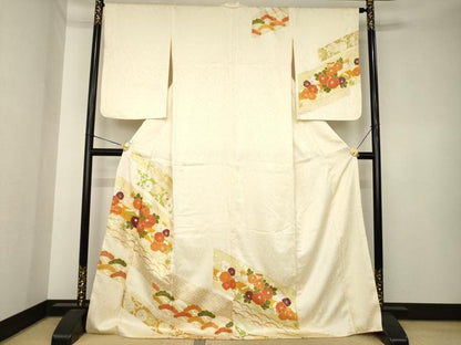 平和屋着物●訪問着　駒刺繍　草花文　金彩　正絹　逸品　AABK6299ck