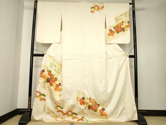 平和屋着物●訪問着　駒刺繍　草花文　金彩　正絹　逸品　AABK6299ck