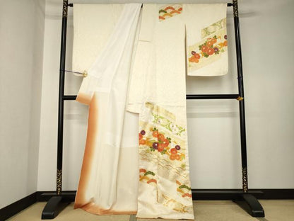 平和屋着物●訪問着　駒刺繍　草花文　金彩　正絹　逸品　AABK6299ck