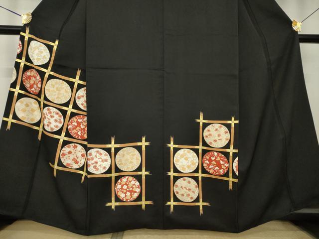 平和屋着物●訪問着　花丸天井文　黒地　金彩　正絹　逸品　AABK6304ck
