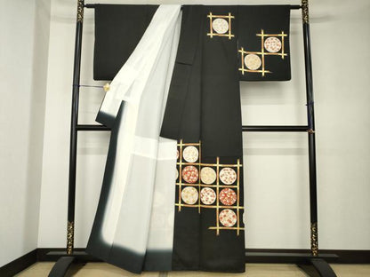 平和屋着物●訪問着　花丸天井文　黒地　金彩　正絹　逸品　AABK6304ck