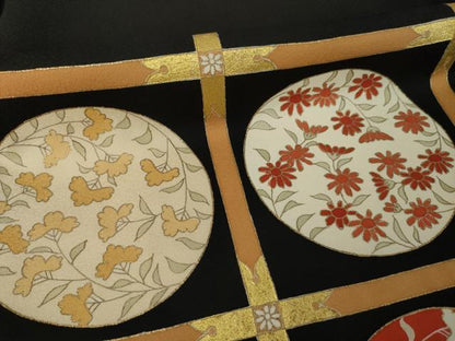 平和屋着物●訪問着　花丸天井文　黒地　金彩　正絹　逸品　AABK6304ck