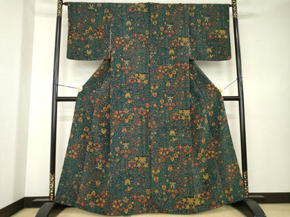 平和屋着物●上質な小紋　更紗花文　鬼しぼ縮緬　正絹　逸品　AABK6308ck