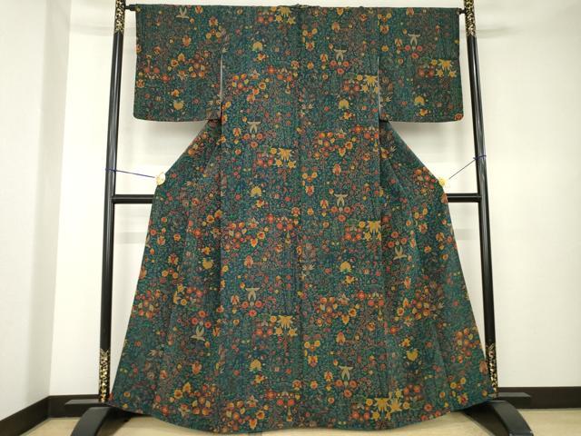 平和屋着物●上質な小紋　更紗花文　鬼しぼ縮緬　正絹　逸品　AABK6308ck