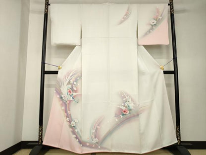 平和屋着物●訪問着　花鳥文　ラメ　暈し染め　銀彩　正絹　逸品　AABK6310ck
