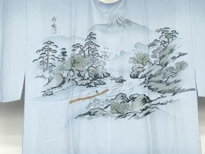平和屋着物●男性　長襦袢　袷　手描き　人物風景文　暈し染め　正絹　逸品　AABK6329cs