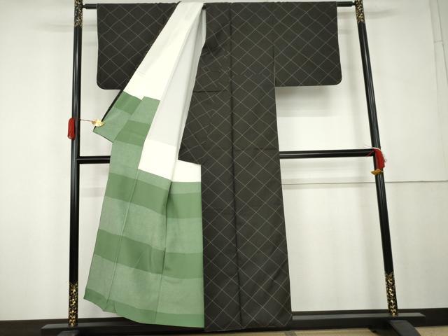 平和屋着物●本場大島紬　格子　黒地　正絹　逸品　AABK6333cs
