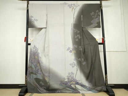平和屋着物●訪問着　絞り　流水葡萄枝葉文　暈し染め　正絹　逸品　AABK6342cs