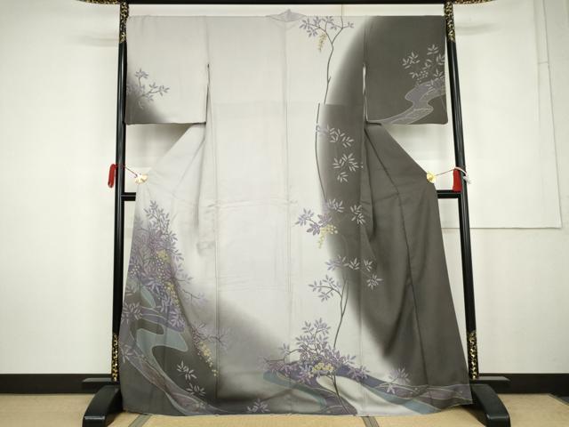 平和屋着物●訪問着　絞り　流水葡萄枝葉文　暈し染め　正絹　逸品　AABK6342cs