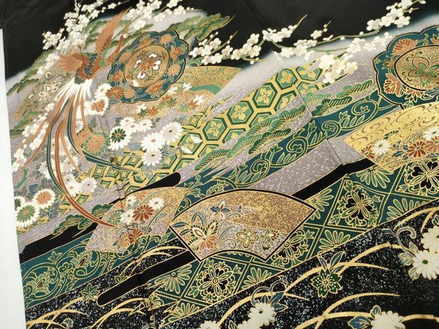 平和屋着物●豪華黒留袖　鳳凰花絵皿文　暈し染め　金彩　正絹　逸品　AABK6347cs