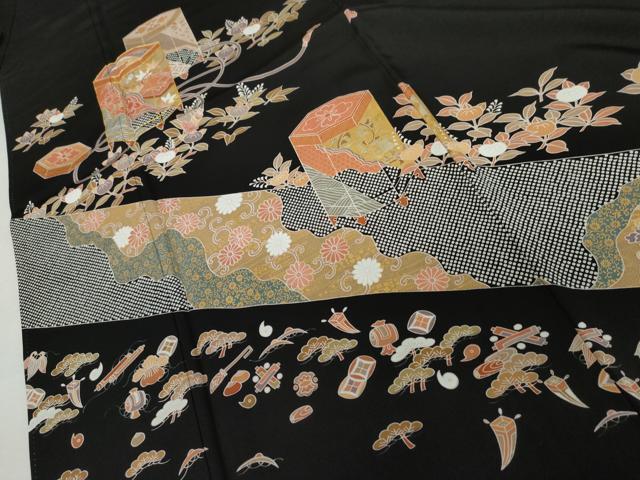平和屋着物●豪華黒留袖　駒刺繍　貝桶花宝尽くし　金彩　三越扱い　正絹　逸品　AABK6348cs