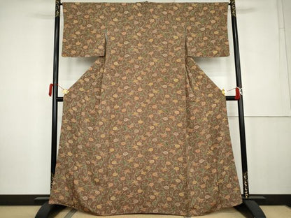 平和屋着物●上質な小紋　型染め　飛鳥花唐草文　鬼しぼ縮緬　正絹　逸品　AABK6350cs