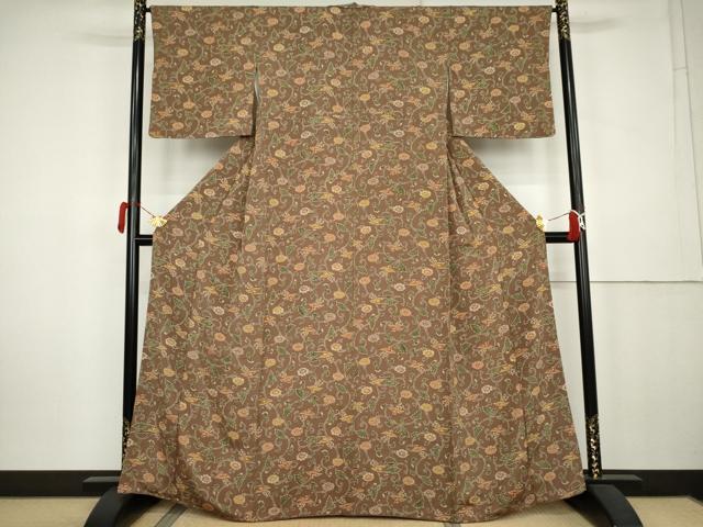 平和屋着物●上質な小紋　型染め　飛鳥花唐草文　鬼しぼ縮緬　正絹　逸品　AABK6350cs