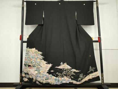平和屋着物▼豪華黒留袖　友禅　作家物　浜松風景文　正絹　逸品　AABK6358cs