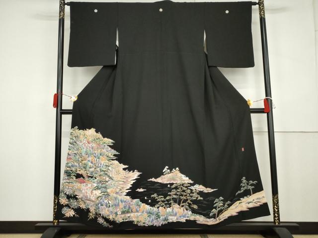 平和屋着物▼豪華黒留袖　友禅　作家物　浜松風景文　正絹　逸品　AABK6358cs