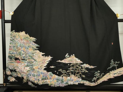 平和屋着物▼豪華黒留袖　友禅　作家物　浜松風景文　正絹　逸品　AABK6358cs