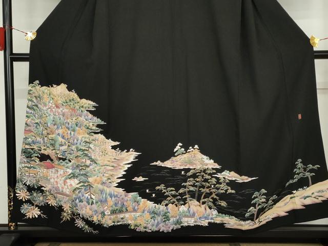 平和屋着物▼豪華黒留袖　友禅　作家物　浜松風景文　正絹　逸品　AABK6358cs