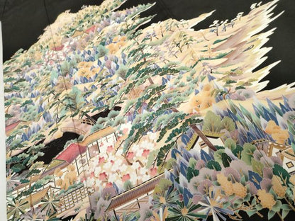 平和屋着物▼豪華黒留袖　友禅　作家物　浜松風景文　正絹　逸品　AABK6358cs