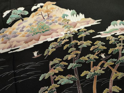 平和屋着物▼豪華黒留袖　友禅　作家物　浜松風景文　正絹　逸品　AABK6358cs