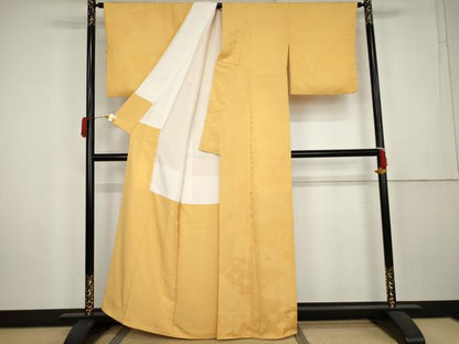 平和屋着物●上質な色無地　切嵌花地紋　萱草色　正絹　逸品　AABK6378cs