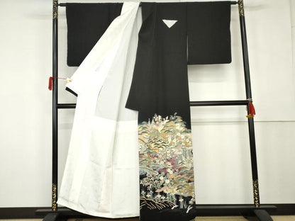 平和屋着物●豪華黒留袖　立波松竹梅風景文　暈し染め　金彩　正絹　逸品　AABK6381cs
