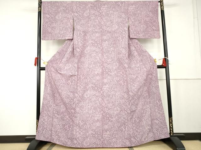 平和屋着物●上質な小紋　ろうけつ染　切嵌更紗花文　正絹　逸品　AABK6385cs