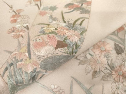 平和屋着物●中国三大刺繍　相良刺繍　総刺繍　訪問着　短冊花鳥文　銀糸　正絹　逸品　未使用　AABK6394cs