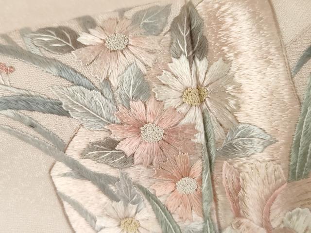 平和屋着物●中国三大刺繍　相良刺繍　総刺繍　訪問着　短冊花鳥文　銀糸　正絹　逸品　未使用　AABK6394cs